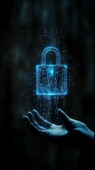 digital candado y mano con binario código foto