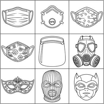Nine Line Drawings of Protective and Decorative Face Masks A Collection of Surgical, N95, Gas Masks, and More in a Simple, Clean Style vector