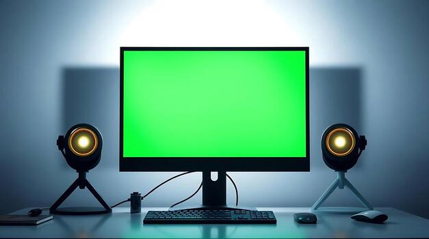 Modern computer setup with vibrant green screen and creative lighting perfect for content creation and digital projects photo