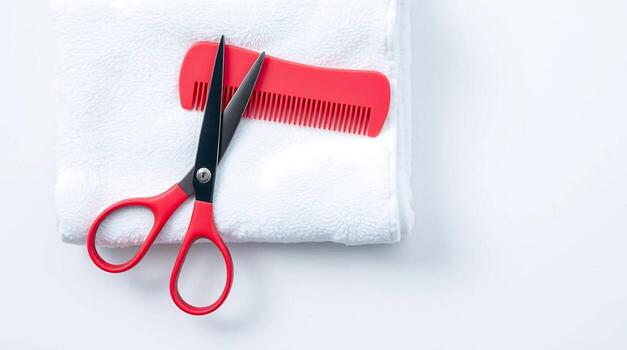 Styling essentials red comb and scissors atop soft white towel for grooming routines photo
