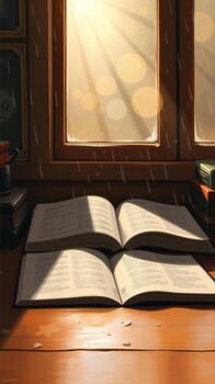 Warm sunlight streams through a window illuminating open books on a wooden desk, creating a cozy atmosphere for study and reflection. photo