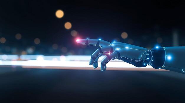 Futuristic robotic hand pointing with glowing fingertip in a technological, modern environment photo
