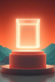 Abstract illuminated cube floating above minimalist platform with mountain backdrop, modern design concept photo