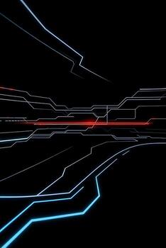 Dynamic abstract digital circuit design with vibrant glowing lines against a dark futuristic background photo