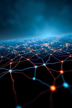 Dynamic network of glowing connections representing data flow and digital innovation on dark background photo