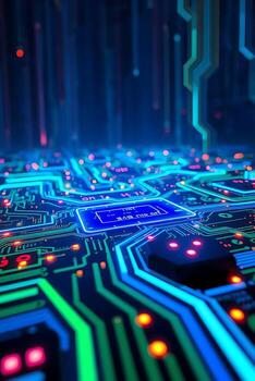 Futuristic glowing circuit board with vibrant neon lines and data flow for tech and innovation photo