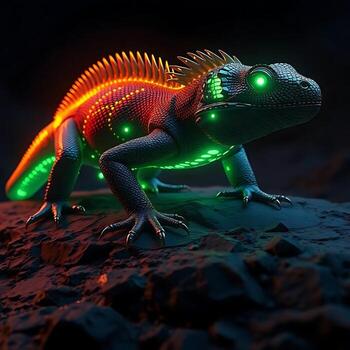 Futuristic glowing lizard with neon lights in a dark setting for cutting-edge tech and science themes photo