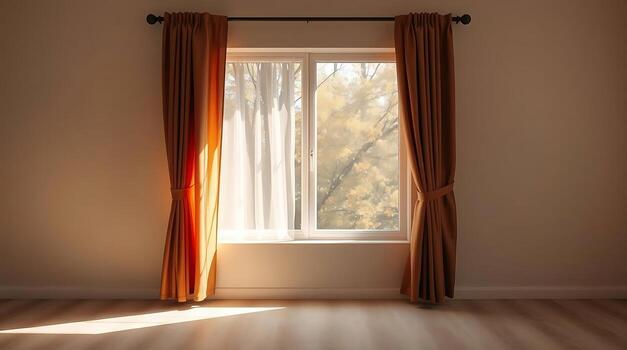 Sunlight streams through window with flowing curtains creating a warm inviting and serene atmosphere indoors photo