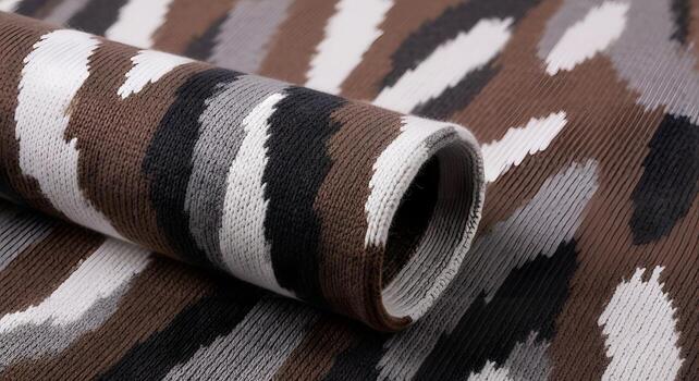 High Resolution Photo of Rolled Up Brown and Gray Knit Fabric with Abstract Camouflage Pattern