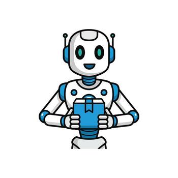 un simpático ai robot humanoide y androide larva del moscardón para mensajero entrega servicio. esta inteligente asistente muestra automatización en envío, logística, y paquete o empaquetar Progreso con robótica tecnología vector