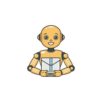 simpático humanoide ai robot larva del moscardón para paquete entrega servicio. esta androide mensajero muestra automatización en logística, envío, y artificial inteligencia tecnología vector