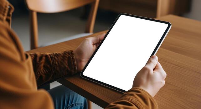 Person using tablet computer with white screen mockup Close up hands holding device Modern technology digital lifestyle app presentation concept photo