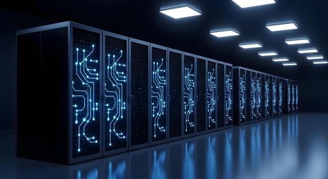 Data Center Servers A Row of Powerful Computing Racks for Cloud Computing and Artificial Intelligence photo