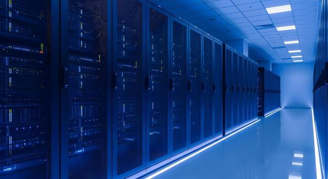 Data Center Server Room with Rows of Rack Servers Technology Infrastructure photo