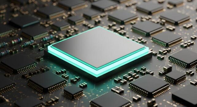 Close up of a glowing computer processor on a circuit board photo