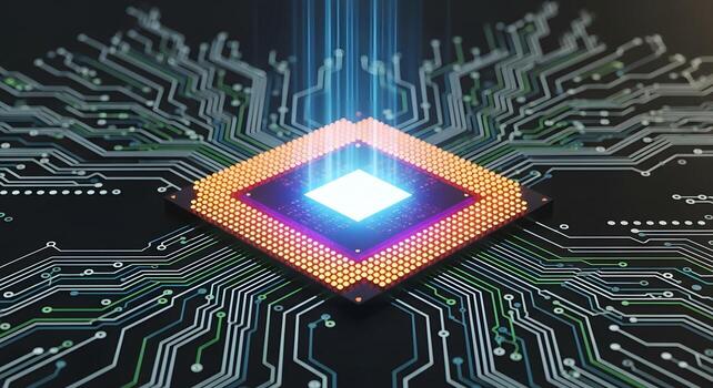 cerca arriba de un UPC pastilla en un circuito tablero con brillante núcleo foto