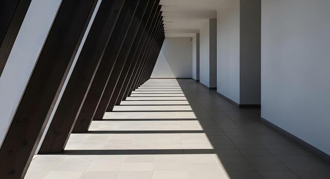 Modern Architecture Sunlit Corridor with Geometric Shadow Patterns photo