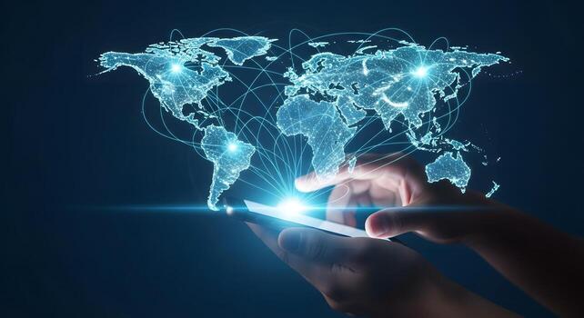 Global Network Connection Hands Using Smartphone to Access Worldwide Data photo