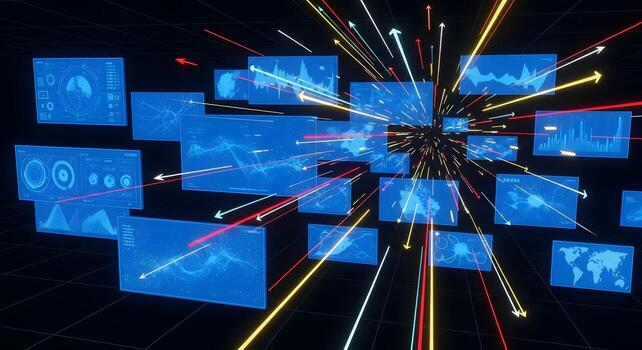 Futuristic Big Data Visualization Global Network of Screens with Arrows Showing Data Transfer and Connectivity photo