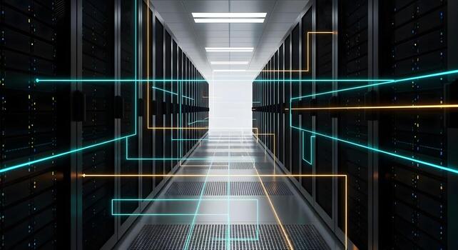 Futuristic Server Room Data Center Network with Glowing Lines photo