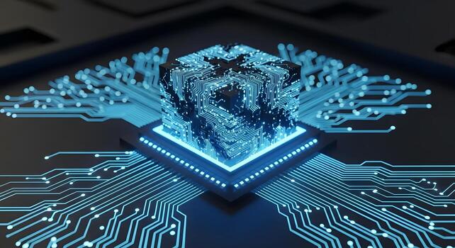 Futuristic Technology Cube Digital Data Circuitry AI and Computing Power photo
