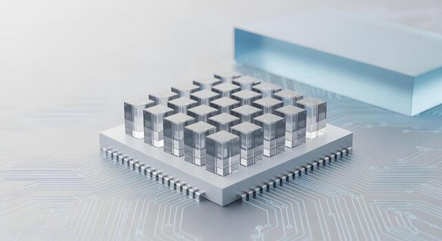 Futuristic Microchip Technology Advanced Processor with Transparent Cubes on Circuit Board photo