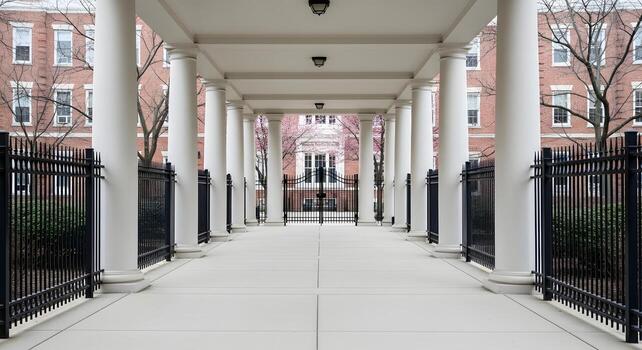 Elegant Architecture Columns Gate and Brick Building in Spring photo