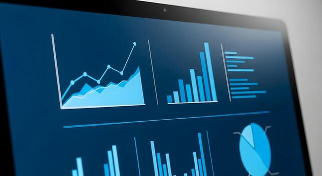 Laptop Screen Showing Business Charts and Graphs Data Analysis Concept photo