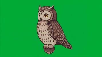 animado coruja personagem em verde tela fundo para composição e visual efeitos video