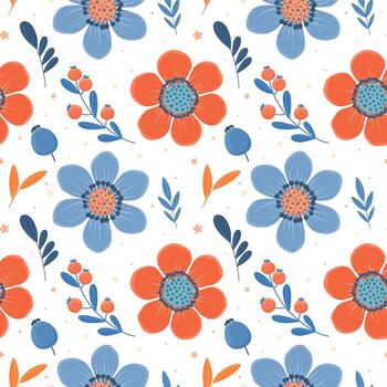 Autumn pattern with flowers and leaves, botanical elements in flat style. vector