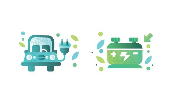 Eco Related Symbols Set, Electric Car, Eco Friendly Battery, Green Energy and Environment Protection Concept Flat Illustration vector