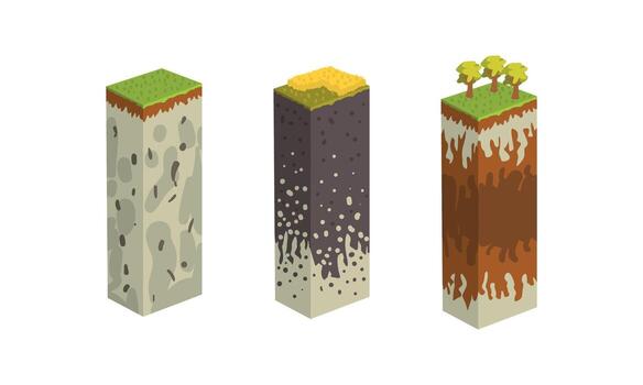 Stratigraphic Columns with Cut of Soil Set, Geological Sections Cartoon Illustration vector