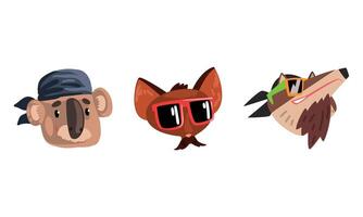 hipster animales colocar, retrato de coala, perro en retro Gafas de sol y tapas dibujos animados ilustración vector