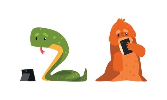 Funny Animals Using Modern Gadgets Set, Snake Working with Tablet, Walrus Making Selfie Cartoon Illustration vector
