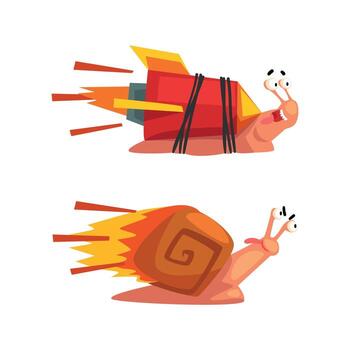 Set of Funny Fast Snails, Amusing Mollusk Character with Startup Rocket Cartoon Illustration vector