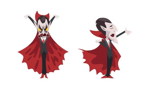 Scary Vampire Set, Count Dracula Character Wearing Black and Red Cape, Happy Halloween Concept Cartoon Illustration vector