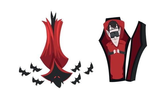 Scary Vampire Set, Count Dracula Character Sleeping in Coffin and Flying with Bats, Happy Halloween Concept Cartoon Illustration vector