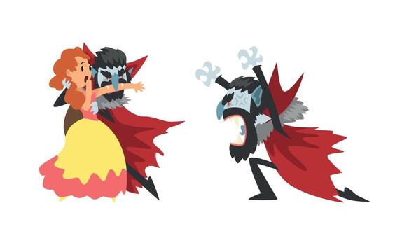 Scary Vampire in Actions Set, Count Dracula Character Wearing Black and Red Cape, Happy Halloween Concept Cartoon Illustration vector