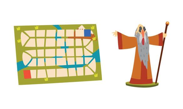 Fantasy Magic Board Game User Interface Set, Map and Old Wizard with Magic Staff Cartoon Illustration vector