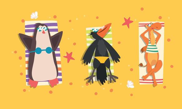 Animals Sunbathing on Beach Set, Top View of Penguin, Raven, Camel Relaxing on Seashore at Summer Holidays Illustration vector