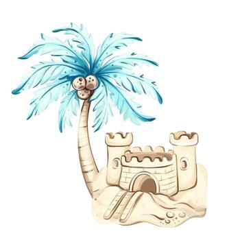 niños jugar en el calentar arena, edificio intrincado castillos de arena mientras palma arboles proporcionar sombra. brillante Dom mejora el alegre atmósfera, creando el ideal playa escapar. vector