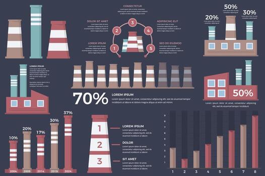 industrial infografía elementos - infografia con tubos y fábricas, bar grafico, circulo cuadro, oscuro antecedentes vector