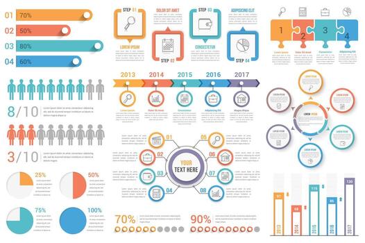 Set of most useful infographic elements - bar graphs, human infographics, pie charts, steps and options, workflow, puzzle, percents, circle diagram, timeline vector