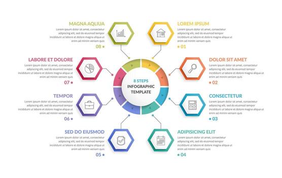 Circle infographic template with eight hexagons, can be used as steps or options vector