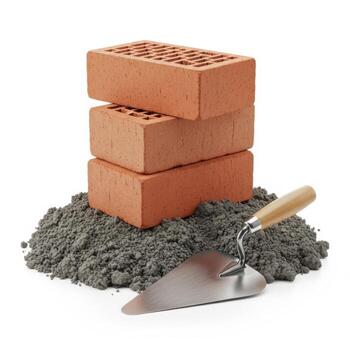 Stack of three red bricks with trowel on a pile of cement isolated on white photo