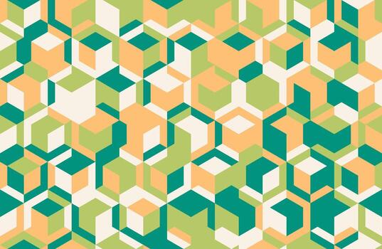 Abstract geometric pattern featuring a vibrant array of interlocking cubes in teal, peach, lime, and offwhite. Ideal for modern design projects, backgrounds, textiles, and website visuals. vector