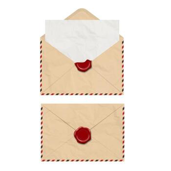 Open and closed realistic old paper envelope with red sealing wax vector