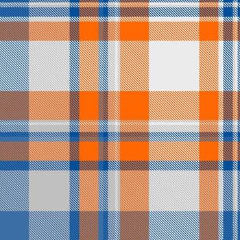 Vibrant plaid pattern in shades of orange, blue, and grey. Classic and versatile, ideal for backgrounds, textiles, or design elements. Use for a warm, inviting feel. vector