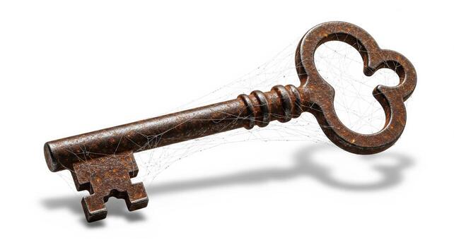 Antique Rusty Key with Cobwebs on White Background photo
