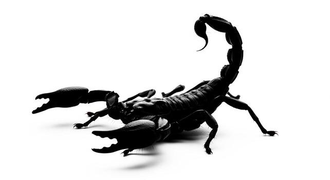 Black scorpion silhouette in an aggressive pose isolated on a white background. photo